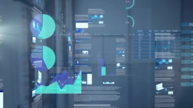 Animation of data processing over statistics. Global business, finances, computing and data processing concept digitally generated video.