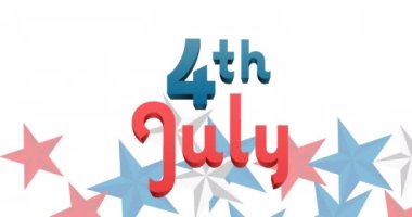 Beyaz zemin üzerinde kırmızı, beyaz ve mavi yıldızlar üzerinde 4 Temmuz metninin animasyonu. Amerika 'nın bağımsızlık günü, gelenek ve kutlama konsepti dijital olarak oluşturuldu.