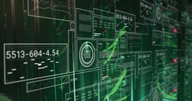 Grafiklerin animasyonu, çubuklar ve daireler servis rafları üzerinde değişen numaralarla yükleniyor. Dijital bileşik, çoklu pozlama, rapor, iş, ilerleme, büyüme, teknoloji ve ağ sunucu kavramı.