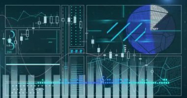 Siyah arkaplan üzerindeki veri işleme ve diyagramlarının animasyonu. Küresel iş ve dijital arayüz, dijital olarak oluşturulan video.