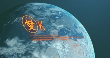 Biyolojik tehlike sembolü ve acil durum mesajı. Uyarı, küresel kriz ve iletişim teknolojisi, dijital olarak üretilen video.