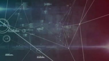 Soyut arkaplan üzerinde grafik ve ses dalgası simgeleriyle bağlantılı noktaların animasyonu. Dijital olarak oluşturulmuş, hologram, illüstrasyon, iletişim, rapor, iş ve ilerleme kavramı.