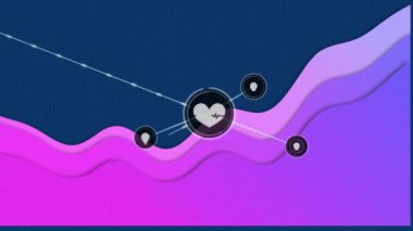 Mavi arkaplana karşı dalga desenleri üzerinde bağlı simgelerin animasyonu. Dijital olarak üretilen hologram, illüstrasyon, fikirler, tıbbi, sağlık, iletişim, soyut ve teknoloji kavramı.