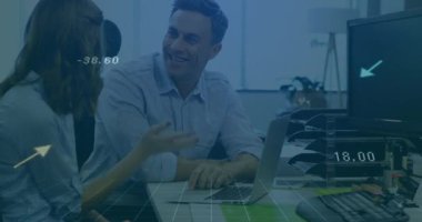 Animation of financial data processing over diverse business people in office. Global business, finances, computing and data processing concept digitally generated video.