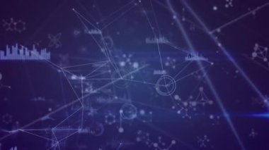 Mavi arkaplan üzerindeki nükleotitler üzerinde grafik simgeleriyle bağlı noktaların animasyonu. Dijital olarak üretilmiş, hologram, illüstrasyon, iletişim, rapor, iş, tıbbi ve sağlık konsepti.