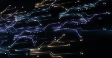 Siyah arkaplanda bilgisayar devre kartı ve veri işleme animasyonu. Dijital olarak oluşturulmuş küresel bağlantılar, hesaplama ve veri işleme kavramı.