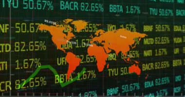 Animation of financial data processing over world map. Global business, finances, computing and data processing concept digitally generated video.