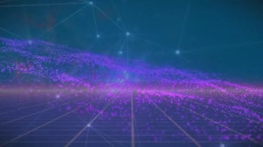 Mor ağ ve mavi arkaplan üzerinden veri işleme ile bağlantıların animasyonu. Dijital olarak oluşturulmuş küresel bağlantılar, hesaplama ve veri işleme kavramı.