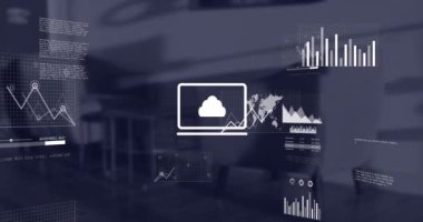 Boş ofise karşı istatistiksel veri işleme ile ekranların animasyonu. Bilgisayar arayüzü ve iş teknolojisi kavramı