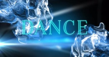 Neon dans metninin animasyonu dijital dalga karşısında ve siyah arkaplan karşısında ışık noktası. Gece hayatı ve disko konsepti