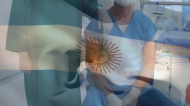 Kafkas erkek ve kadın cerrah üzerinde Arjantin bayrağı sallama animasyonu. Tıbbi sağlık teknolojisi kavramı