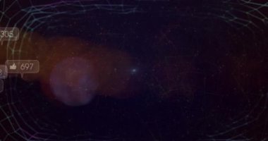 Sosyal medya simgelerinin ve ışıkların üzerinde işlenen verilerin canlandırılması. Küresel sosyal medya, iş dünyası, finans, hesaplama ve veri işleme kavramı dijital olarak oluşturulmuş video.