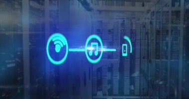 Bilgisayar sunucuları üzerindeki bilgisayar simgelerinin ve bağlantılarının canlandırılması. Dijital olarak oluşturulmuş küresel bağlantılar, hesaplama ve veri işleme kavramı.