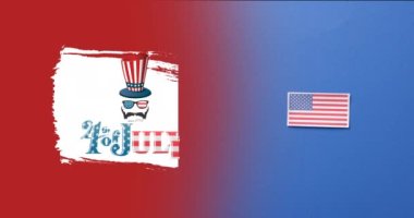 Amerika Birleşik Devletleri bayrağı üzerinde 4 Temmuz metninin ve silindir şapkanın animasyonu. Amerika 'nın bağımsızlık günü, gelenek ve kutlama konsepti dijital olarak oluşturuldu.