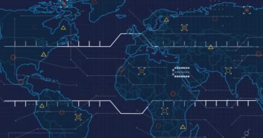 Dünya haritası ve veri işleme animasyonu. Küresel iş, finans, hesaplama ve veri işleme kavramı dijital olarak oluşturulmuş video.