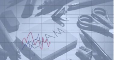 Ofis eşyalarının üzerinde finansal veri işleme animasyonu. Küresel iş, bilgisayar ve veri işleme kavramı dijital olarak oluşturulmuş video.