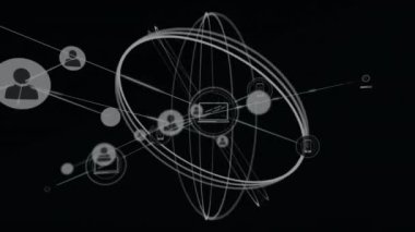 Siyah arkaplana karşı hareket eden çemberler üzerinden çizgi ile bağlantılı simgelerin canlandırılması. Dijital olarak üretilen hologram, illüstrasyon, iletişim, soyut ve kablosuz teknoloji kavramı.