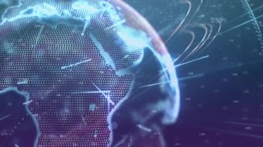 Parlayan küre, bilgi ağı ve karanlık arka planda veri işleme. Küresel iletişim, iş ve dijital arayüz teknolojisi, dijital olarak oluşturulmuş video.