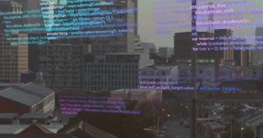 Animation of data processing against aerial view of cityscape. Computer interface and business technology concept