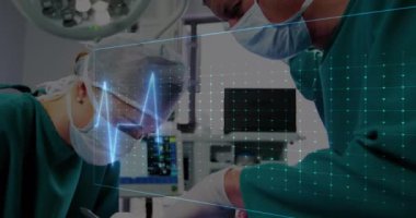 Hastanedeki çeşitli cerrahi ekiplerinin kalp atış hızı monitörlerinin animasyonu. Tıbbi sağlık ve araştırma teknolojisi kavramı