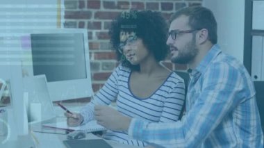 Animation of financial data processing over diverse business people in office. Global business, finances, computing and data processing concept digitally generated video.