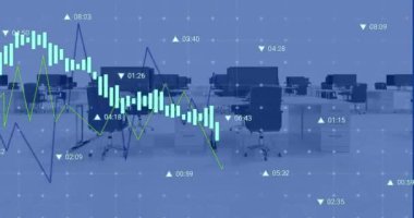 Ofisteki boş sandalye ve masaüstleri üzerinde numaralarını değiştiren birden fazla grafik animasyonu. Dijital bileşik, çoklu pozlama, rapor, iş, büyüme, soyut ve teknoloji kavramı.