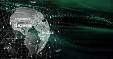 Dönen küre üzerinde veri işleme animasyonu ve siyah arkaplana karşı yeşil dijital dalga. Küresel ağ ve iş teknolojisi kavramı