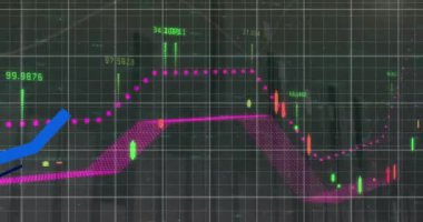 Finansal ve istatistiksel veri işleme animasyonunun dünya haritasında gri arka planla karşılaştırılması. Küresel finans ve iş veri teknolojisi kavramı