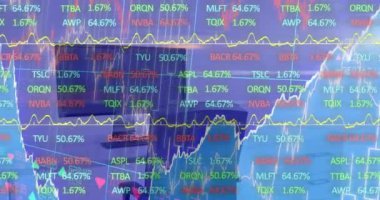 Ofis üzerinde istatistik ve veri işleme animasyonu. Dijital olarak oluşturulmuş küresel bağlantılar, hesaplama ve veri işleme kavramı.