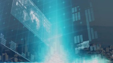 Veri işleme ve mavi ışık noktalarıyla şehir manzarasının hava görüntüsüne karşı arayüzün animasyonu. Bilgisayar arayüzü ve iş teknolojisi kavramı