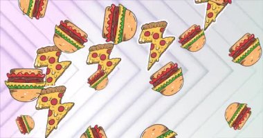 Hamburger ikonlarının beyaz üçgen deseni üzerine düşüşünün animasyonu. Fast food, yemek ve yeme konsepti dijital olarak üretilen video.