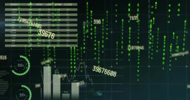 Dünya haritası, çizelgeler ve kara arka planda veri işleme. İş, küresel iletişim, veri ve dijital arayüz teknolojisi, dijital olarak oluşturulmuş video.