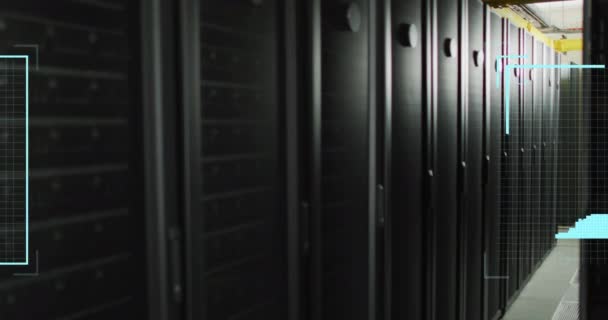 背景にサーバールームに対する複数のデジタル画像のアニメーション デジタル複合体 複数の露出 Nft データセンター ネットワーク テクノロジー ネットワークサーバーの概念 — ストック動画