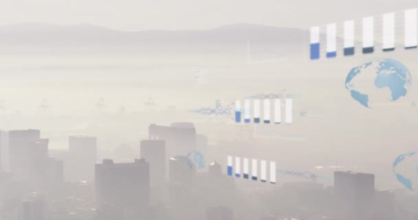 Animation Graphs Globes Soundwaves Fog Covered Cityscape Mountain Sky Digital — Stock Video