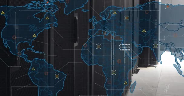 Animacja Mapy Świata Przetwarzanie Danych Pustej Serwerowni Koncepcja Globalnej Sieci — Wideo stockowe