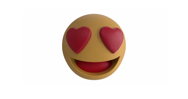 Happy yellow love emoji with red heart eyes isolated on white background. Social media, love and digital communication.