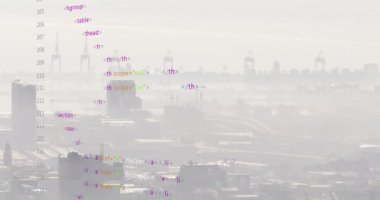 Şehir manzarası üzerinde veri işleme animasyonu. küresel iş ve dijital arayüz kavramı dijital olarak oluşturulmuş video.