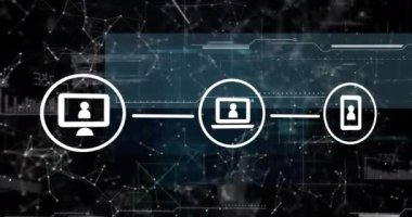 Simgelerle bağlantı ağı üzerinden veri işleme ve şekillerin animasyonu. Küresel iş ve dijital arayüz kavramı dijital olarak oluşturulmuş video.