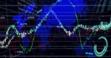 Animation of financial data processing over world map. Global business, finances, computing and data processing concept digitally generated video.