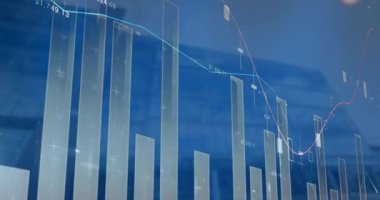 Modern bina üzerinde istatistik ve finansal veri işleme animasyonu. Dijital olarak oluşturulmuş küresel bağlantılar, iş, finans, bilgisayar ve veri işleme kavramı.