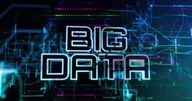 Neon bağlantı ağı üzerinden büyük veri metninin animasyonu. Küresel iş ve dijital arayüz kavramı dijital olarak oluşturulmuş video.