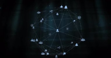 Işık yollarının üzerindeki simgelerle bağlantı ağının animasyonu. Küresel iş ve dijital arayüz kavramı dijital olarak oluşturulmuş video.
