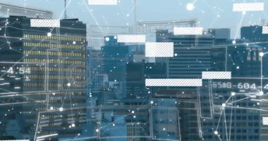 Animation of data processing and shapes over cityscape. Global business and digital interface concept digitally generated video.