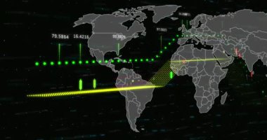 Animation of financial data processing over world map. Global business, finances, computing and data processing concept digitally generated video.