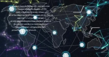 Dünya haritası üzerindeki simgelerle bağlantı ağının animasyonu. Küresel iş ve dijital arayüz kavramı dijital olarak oluşturulmuş video.