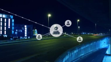 Animation of network of connections with icons over cityscape. Global business, finances, computing and data processing concept digitally generated video.