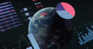 Dünya haritasıyla uzayda veri işleme animasyonu. Küresel iş ve dijital arayüz kavramı dijital olarak oluşturulmuş video.