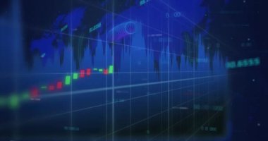 Animation of financial data processing over world map. Global business, finances, computing and data processing concept digitally generated video.