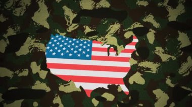 Kamuflaj arka planında Amerika Birleşik Devletleri bayrağı olan bir harita animasyonu. Amerikan bağımsızlığı, gelenek ve kutlama konsepti dijital olarak oluşturulmuş video.