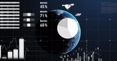 Dünya haritasıyla uzayda veri işleme animasyonu. Küresel iş ve dijital arayüz kavramı dijital olarak oluşturulmuş video.